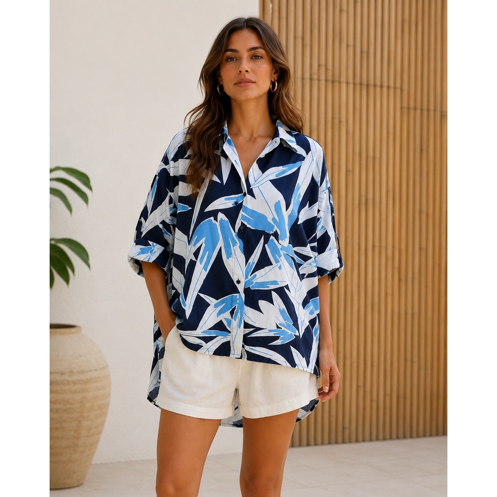 Lior Paris Dakota Baggy Tropical Button Down Shirt Blue Resort Chic Over Size M